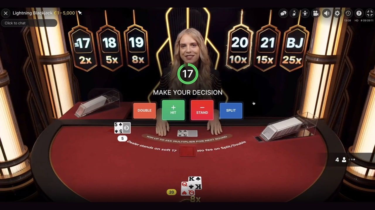 Lightning Blackjack table with deal cards and live presenter